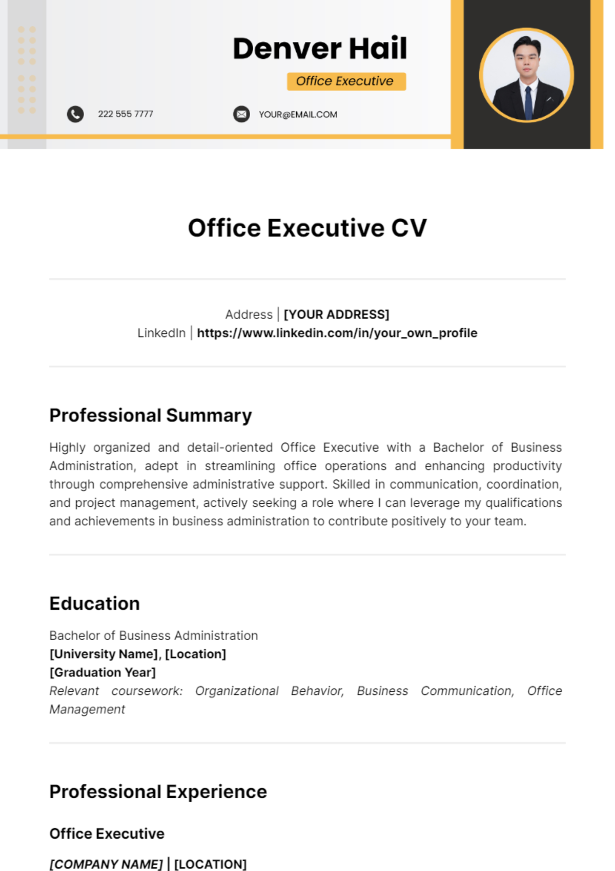 Office Executive CV Template - Edit Online & Download