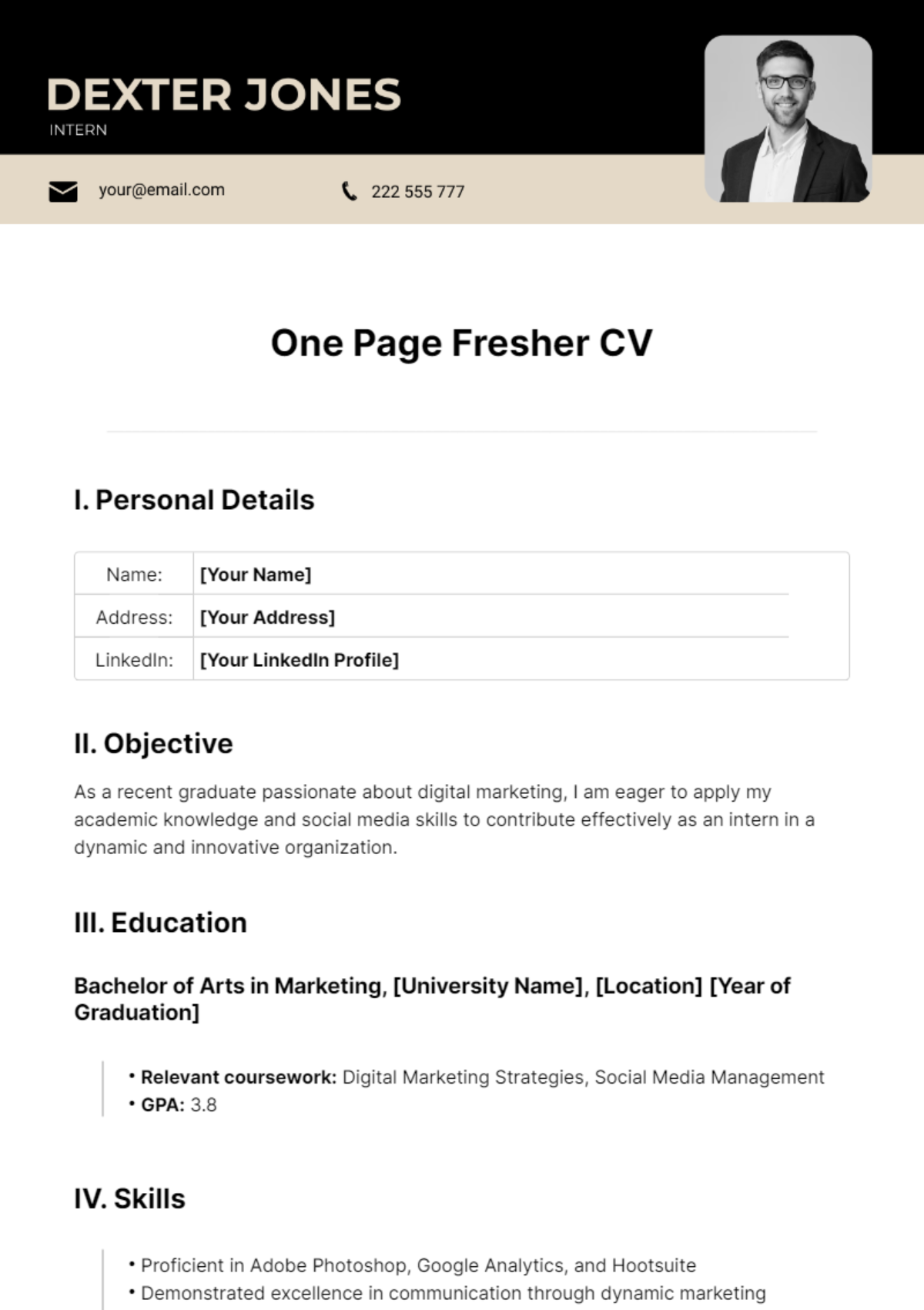 One Page Fresher CV Template - Edit Online & Download