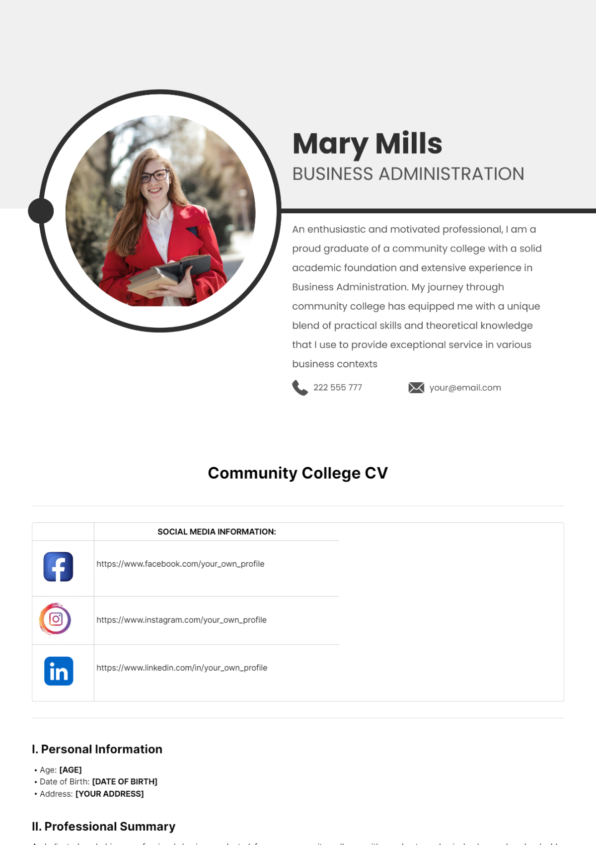 Community College CV Template - Edit Online & Download