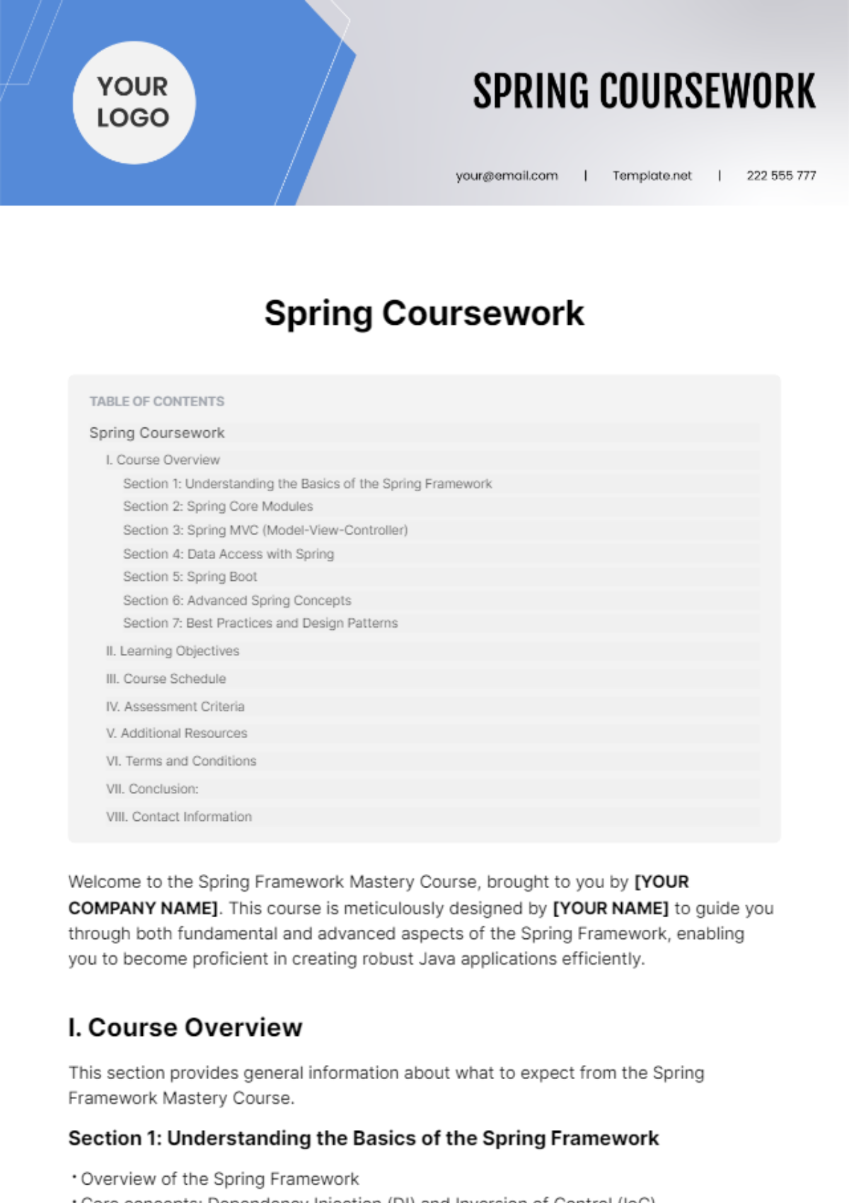 Spring Coursework Template - Edit Online & Download