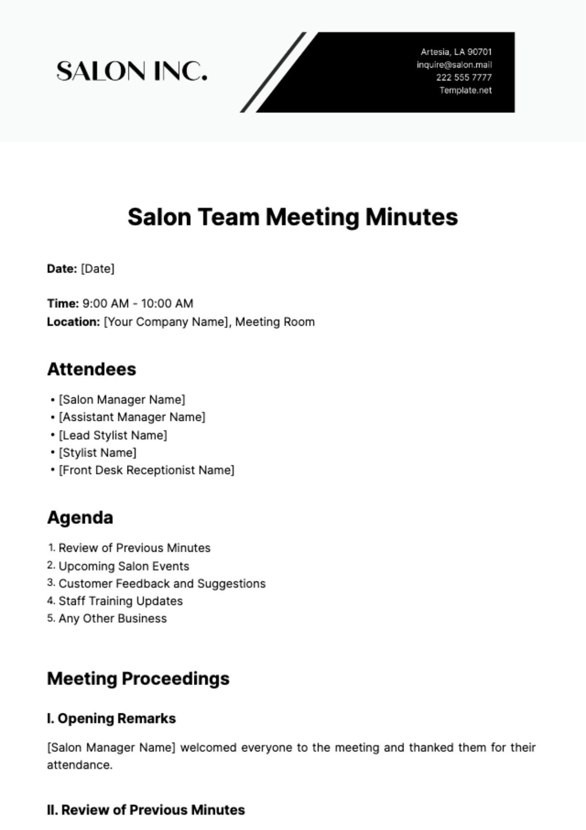 Salon Team Meeting Minute Template