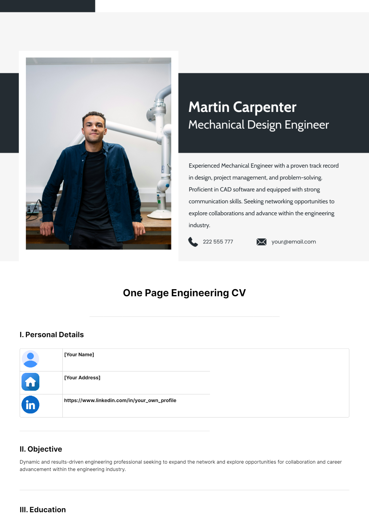 One Page Engineering CV Template - Edit Online & Download