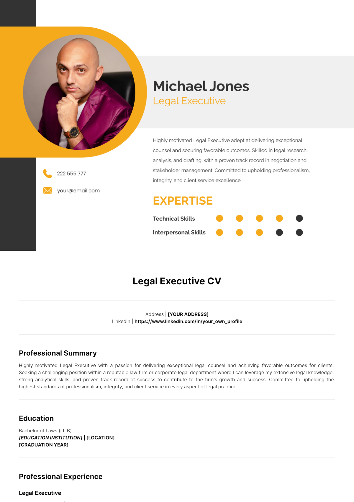 Legal Executive CV Template - Edit Online & Download