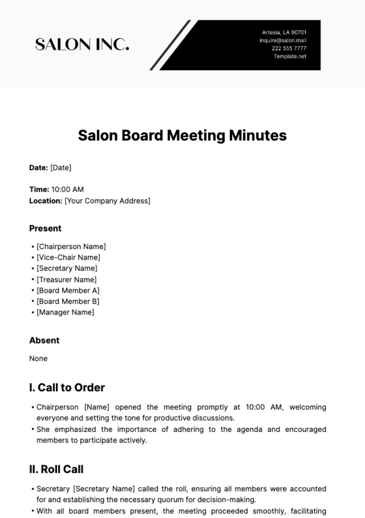Salon Board Meeting Minute Template