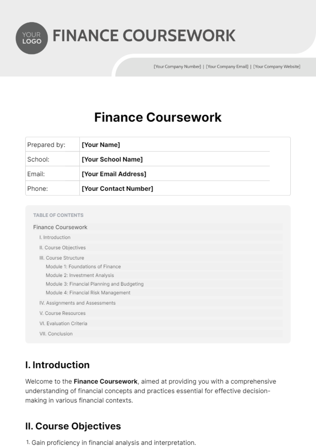 Finance Coursework Template