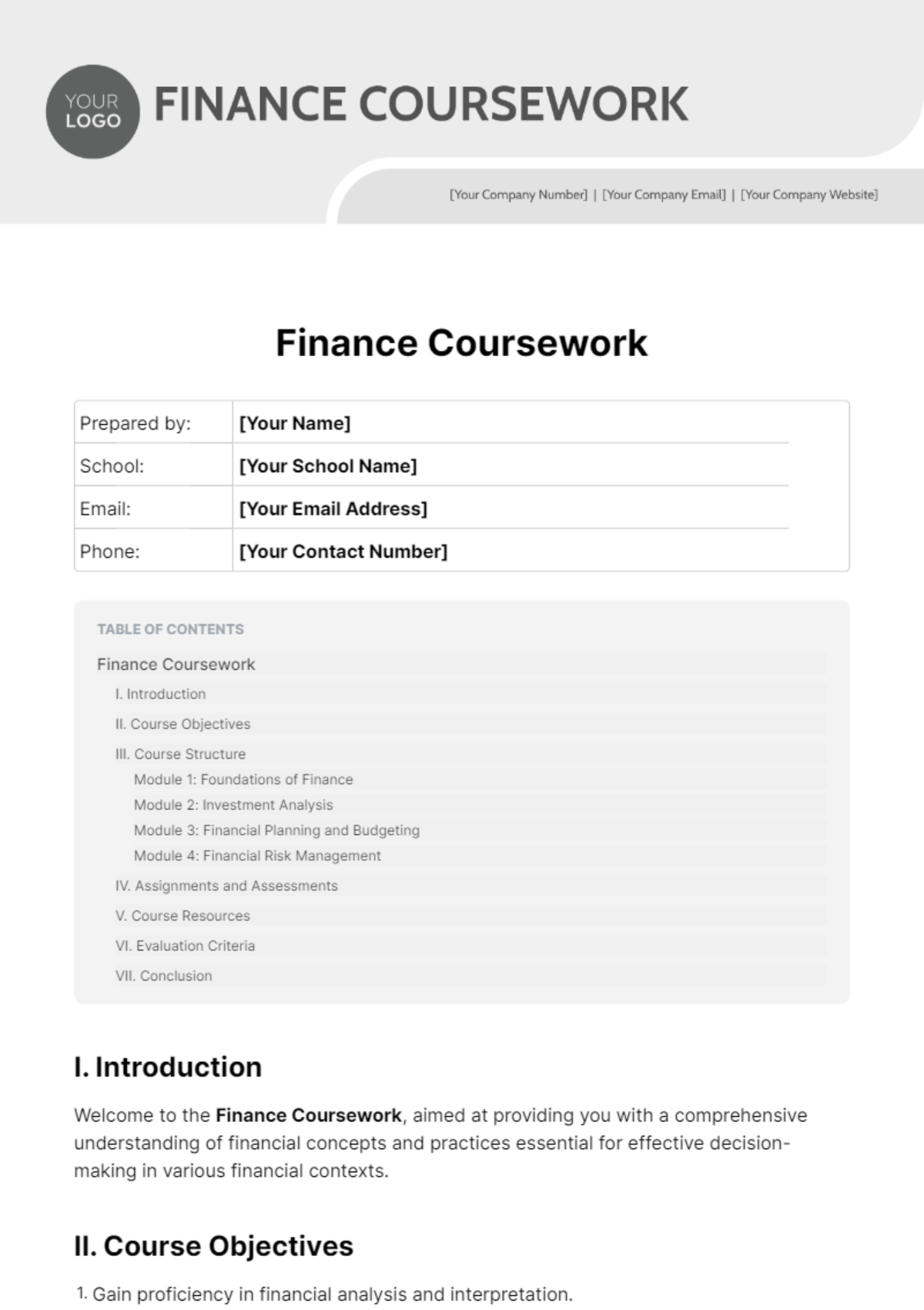 Finance Coursework Template - Edit Online & Download