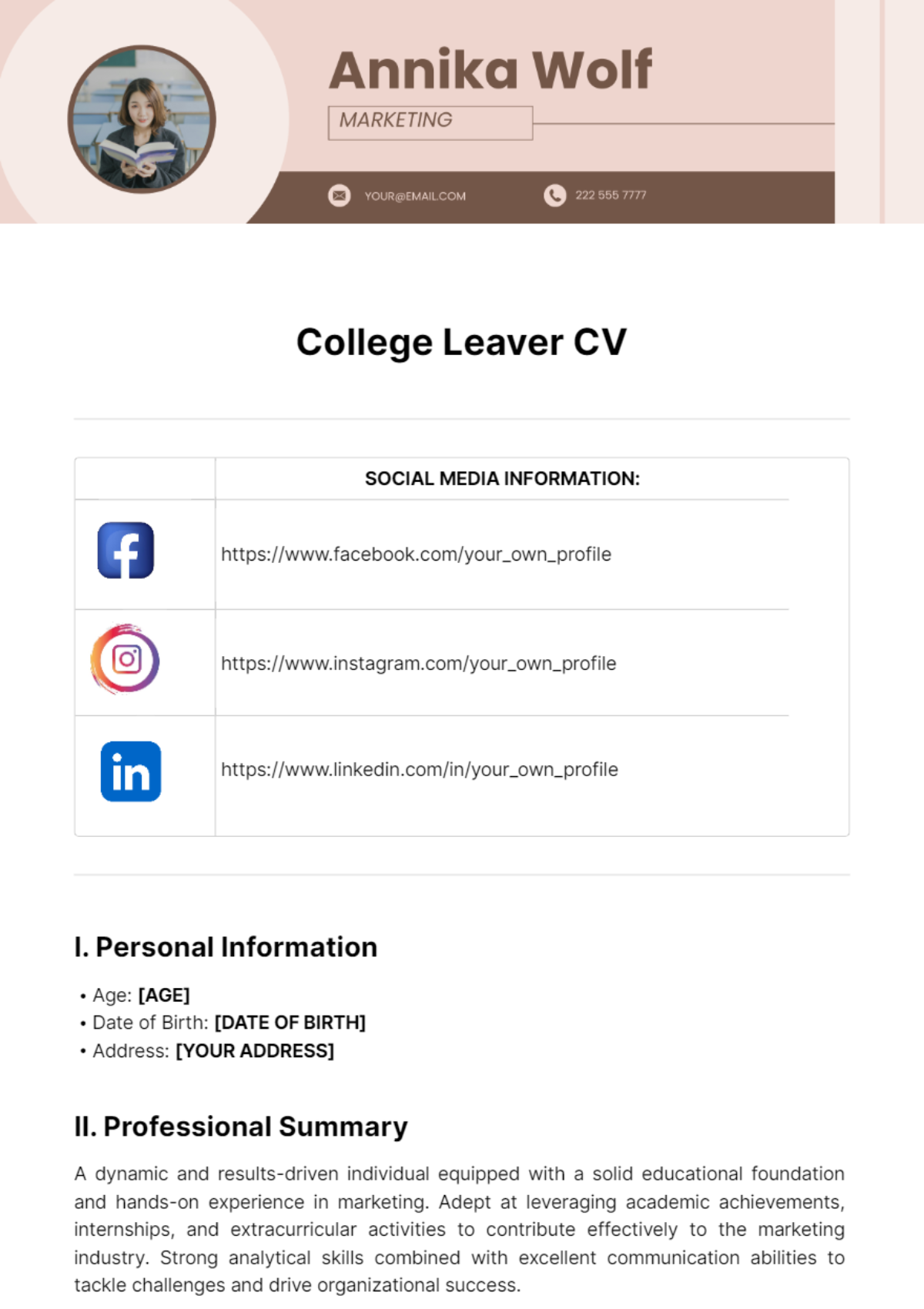 College Leaver CV Template - Edit Online & Download