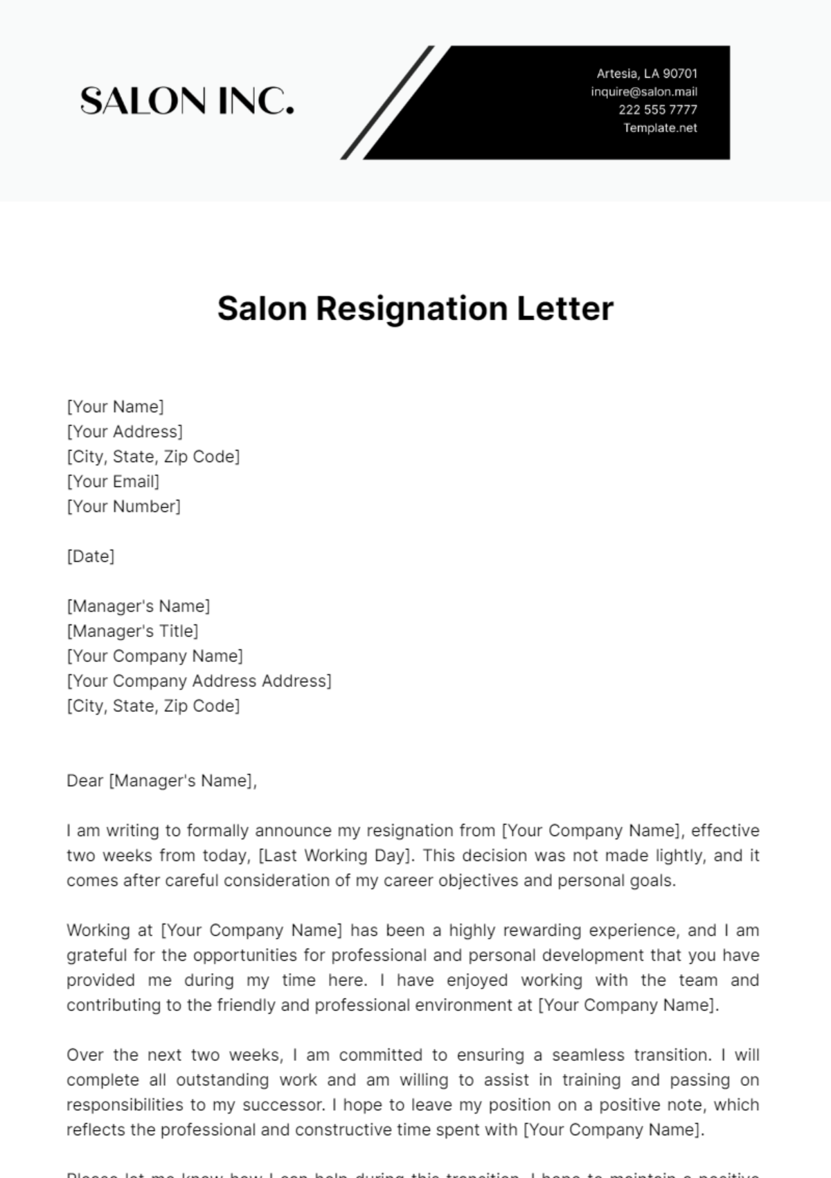 Free Salon Resignation Letter Template