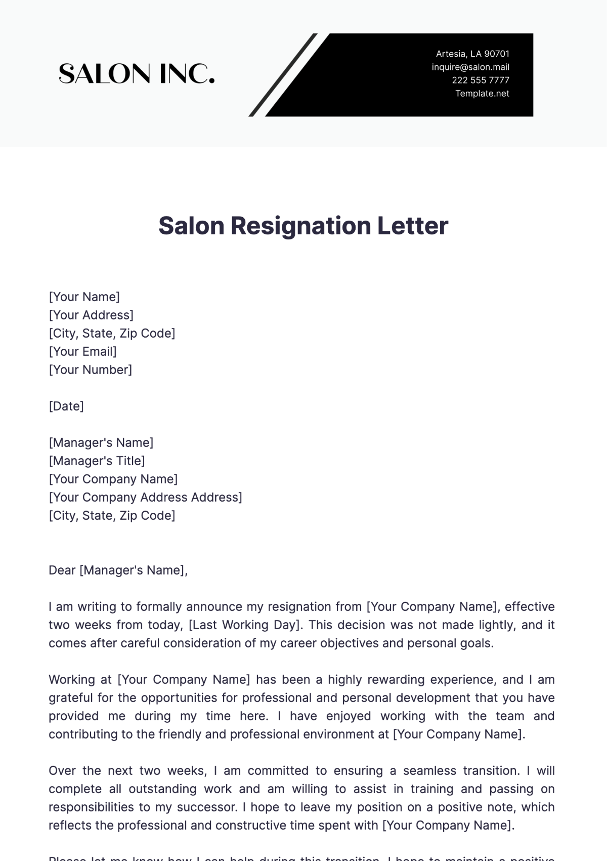 Salon Resignation Letter Template - Edit Online & Download