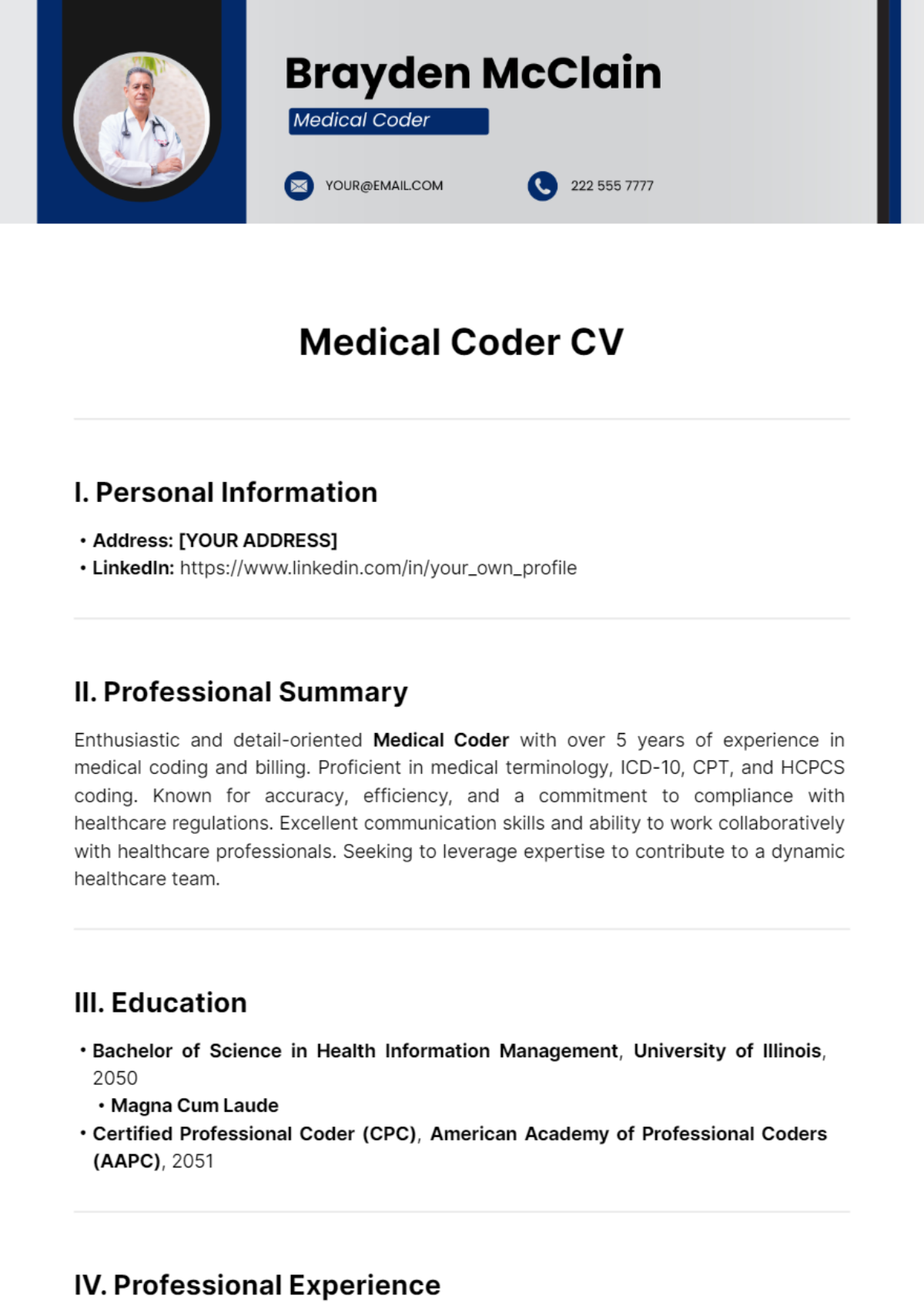 Medical Coder CV Template - Edit Online & Download