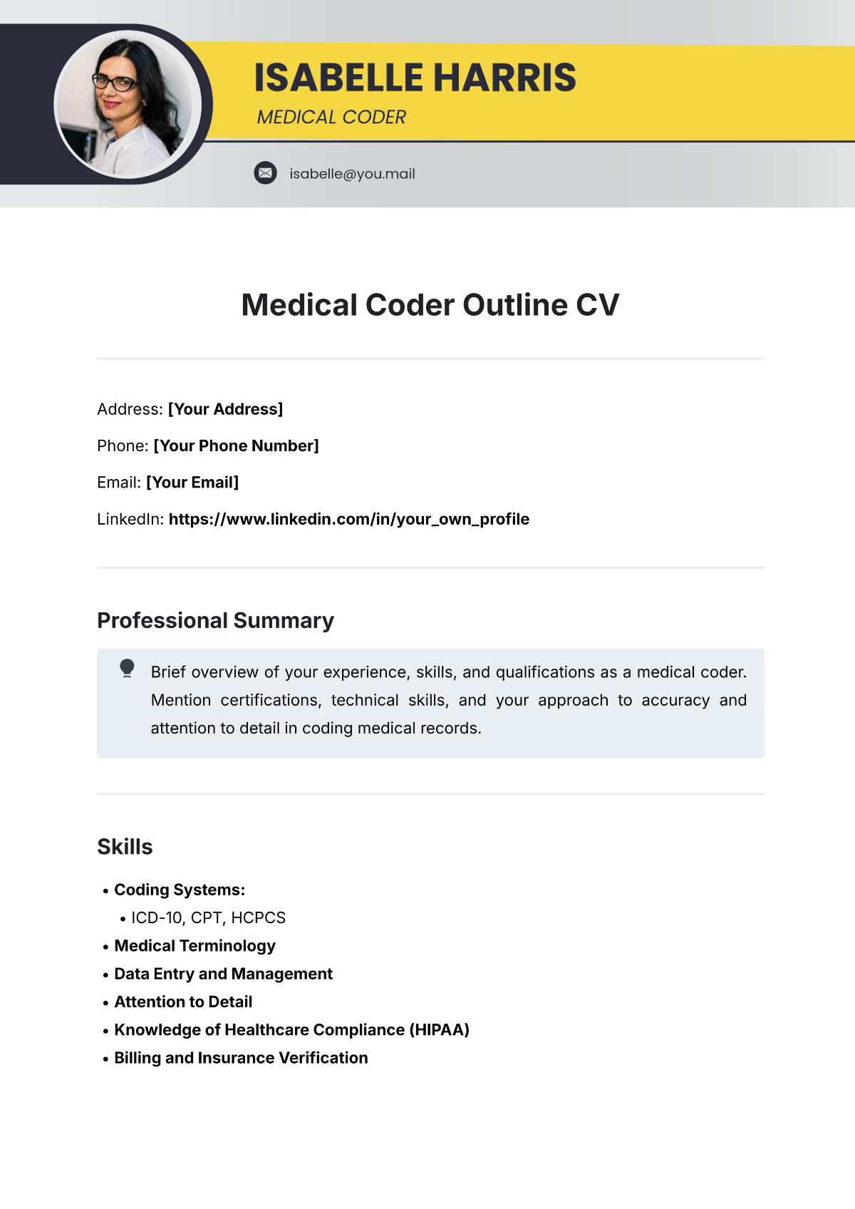 Free Medical Coder Outline CV Template