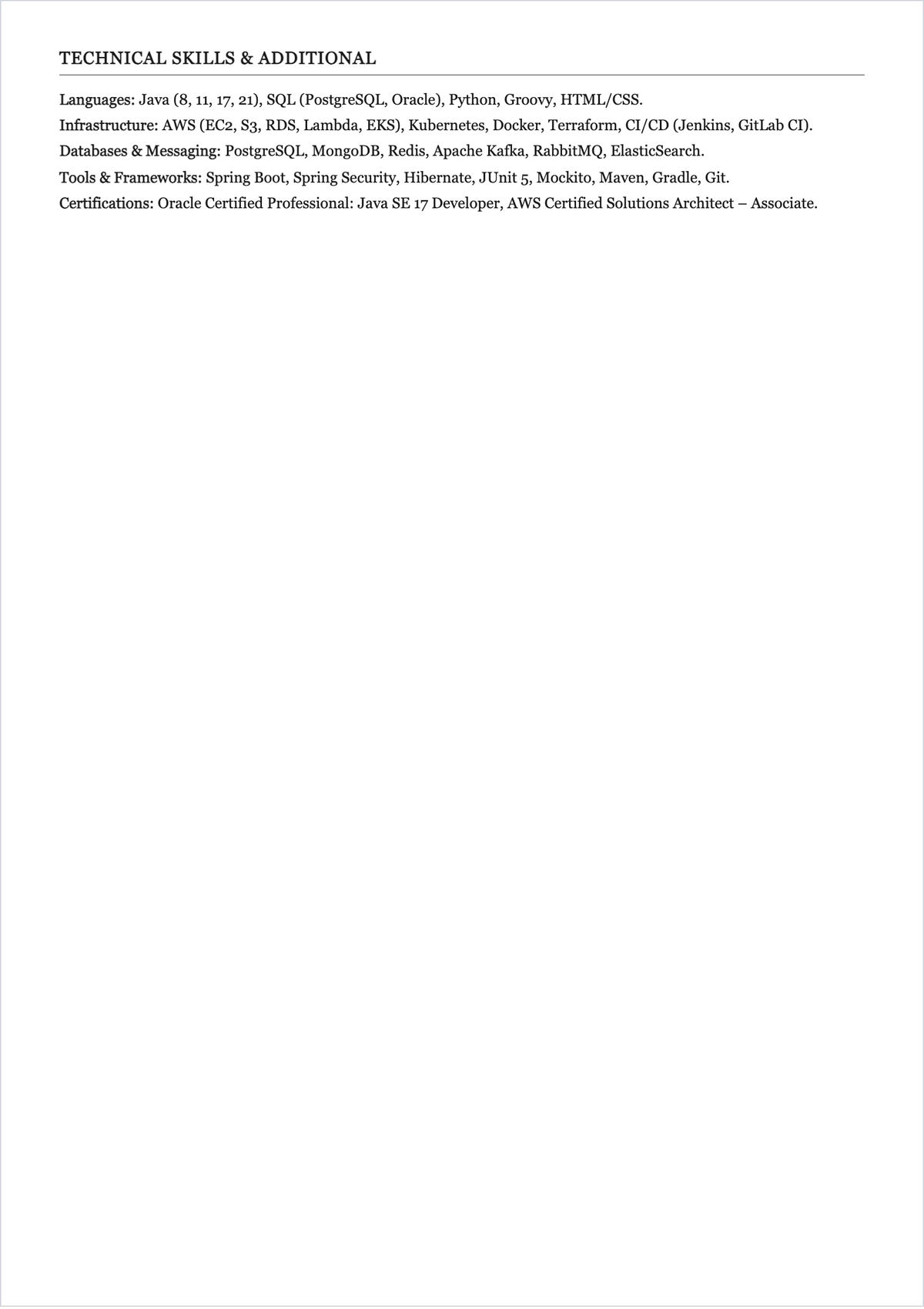 Free Java Developer One Page ATS CV Template, AI CV Builder