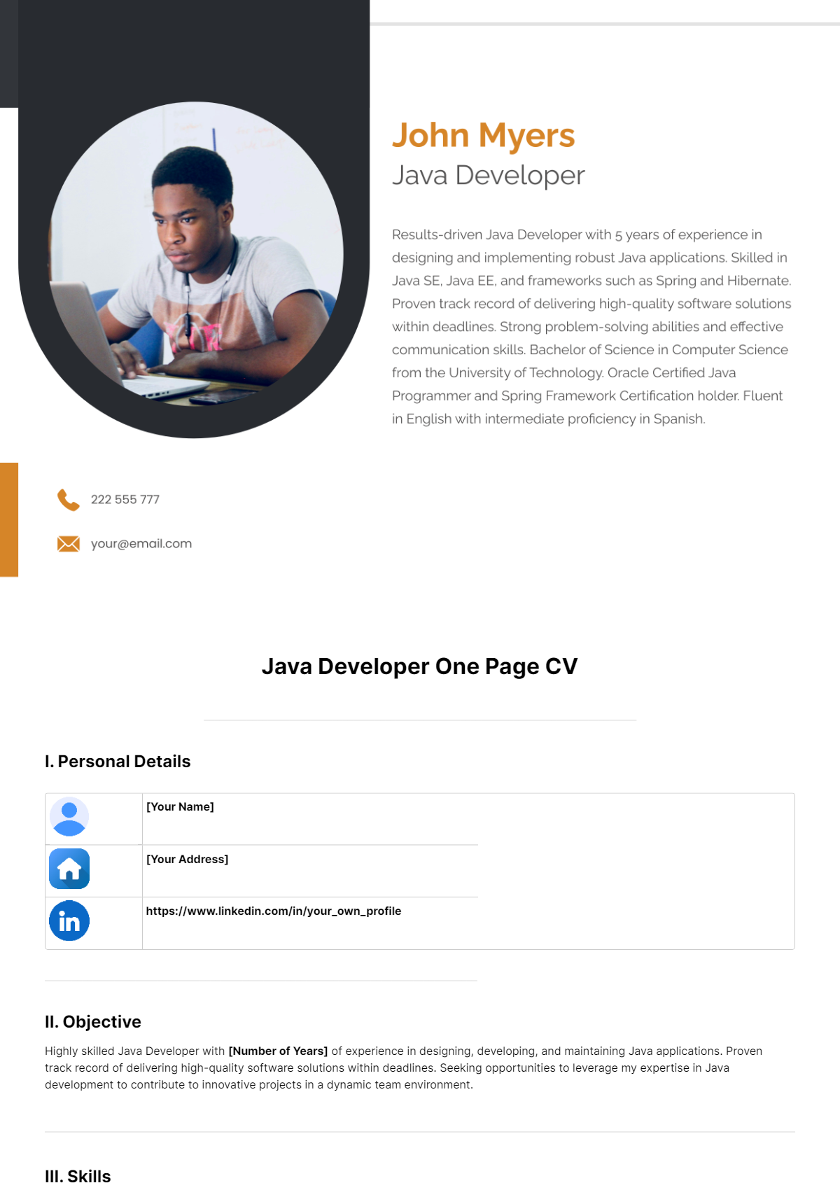 Java Developer One Page CV Template - Edit Online & Download