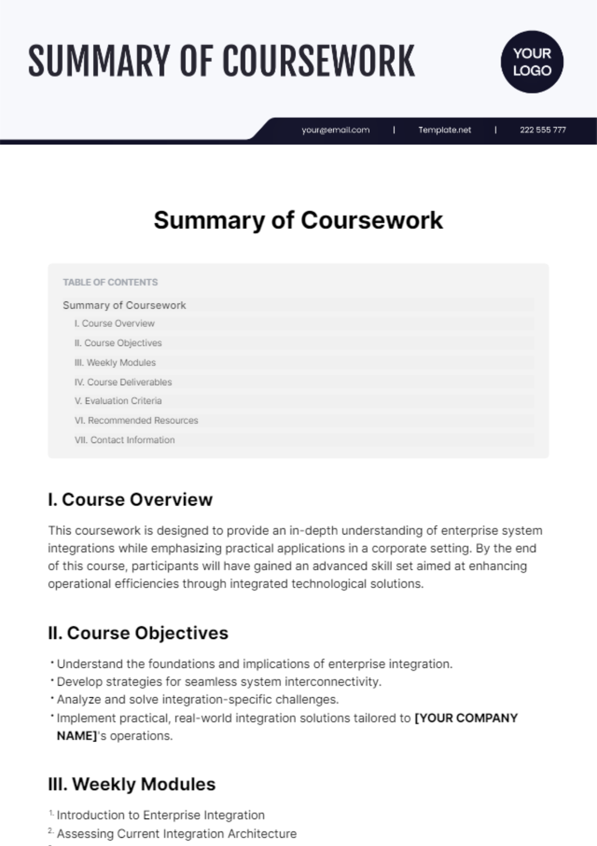 Summary of Coursework Template