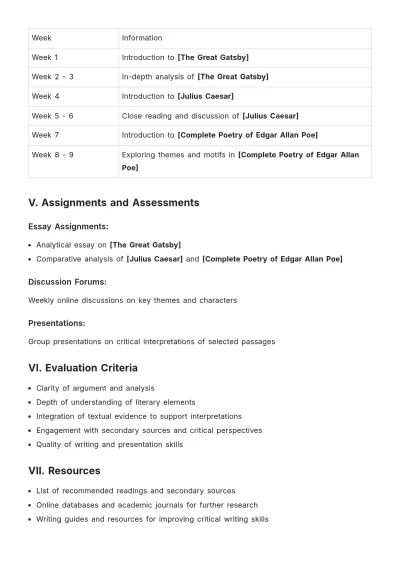 Free English Literature Coursework Template to Edit Online