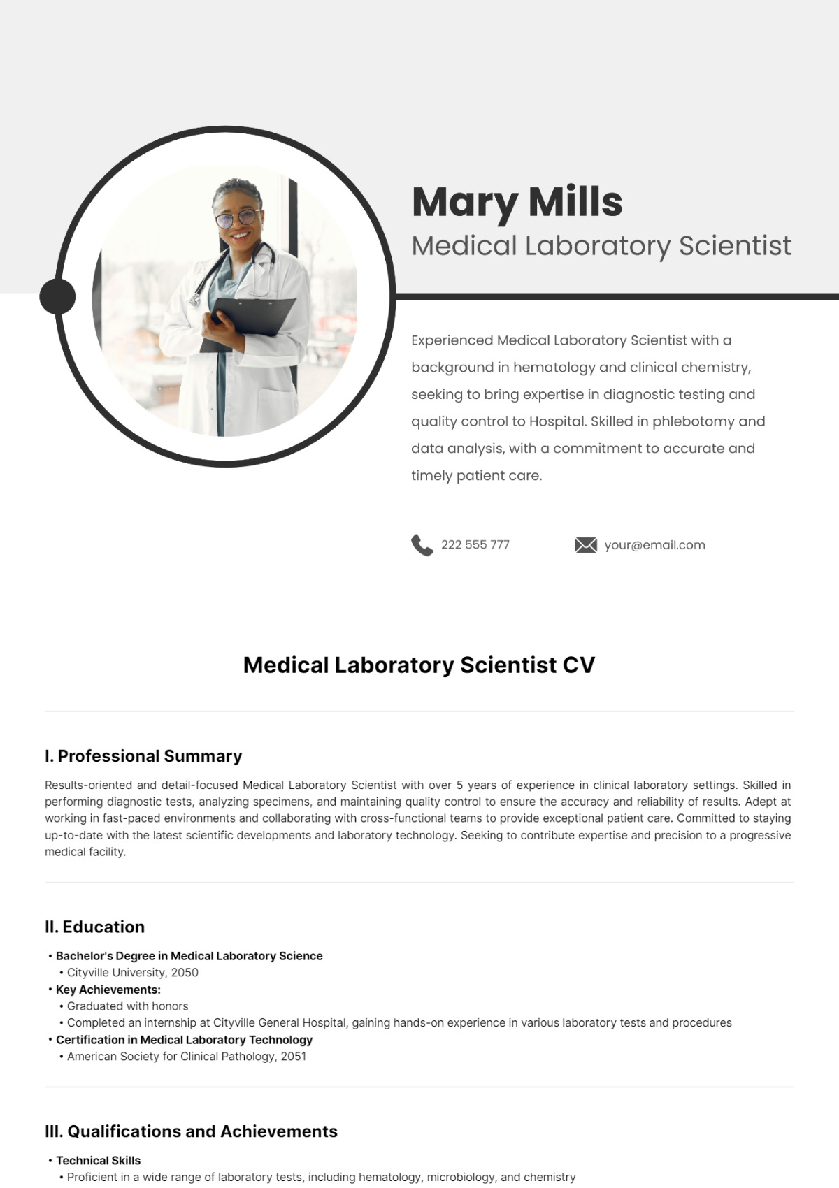 Medical Laboratory Scientist CV Template - Edit Online & Download