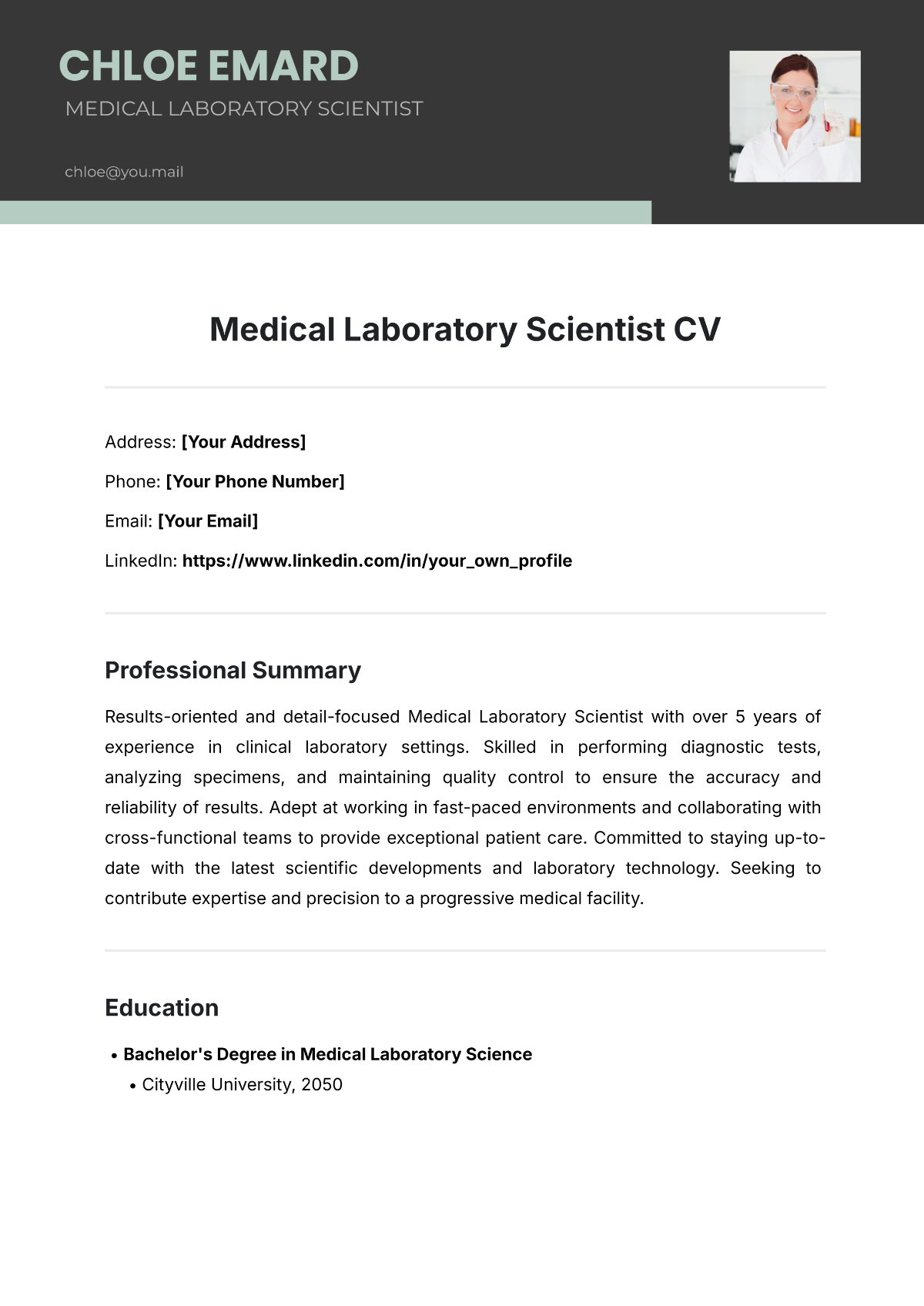 Free Medical Laboratory Scientist CV Template