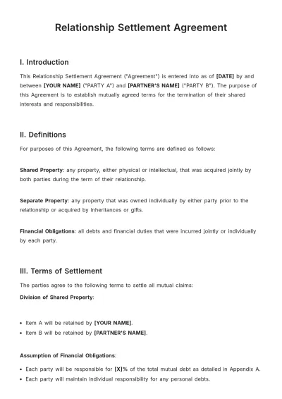 Free Relationship Settlement Agreement Template to Edit Online