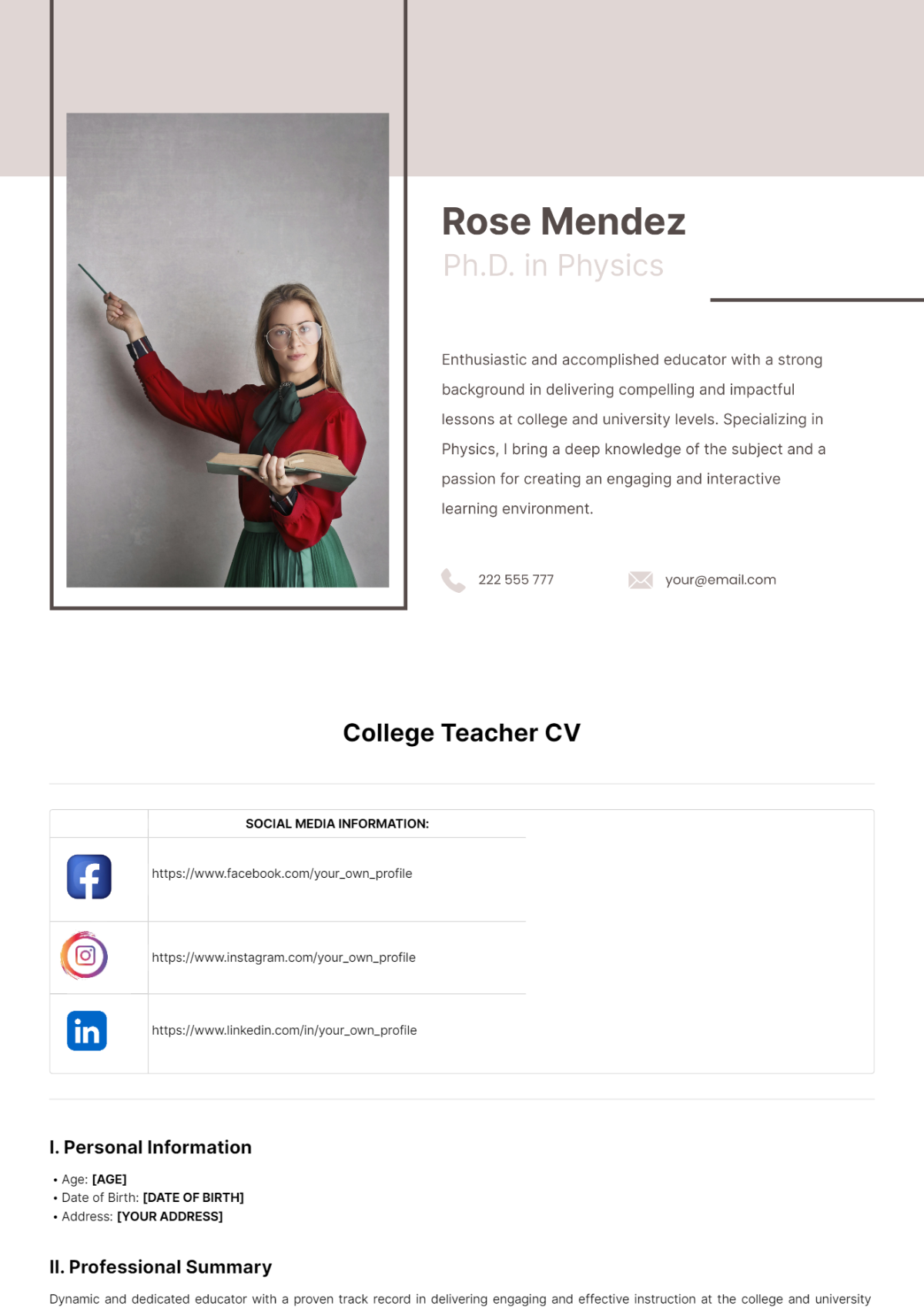 College Teacher CV Template - Edit Online & Download