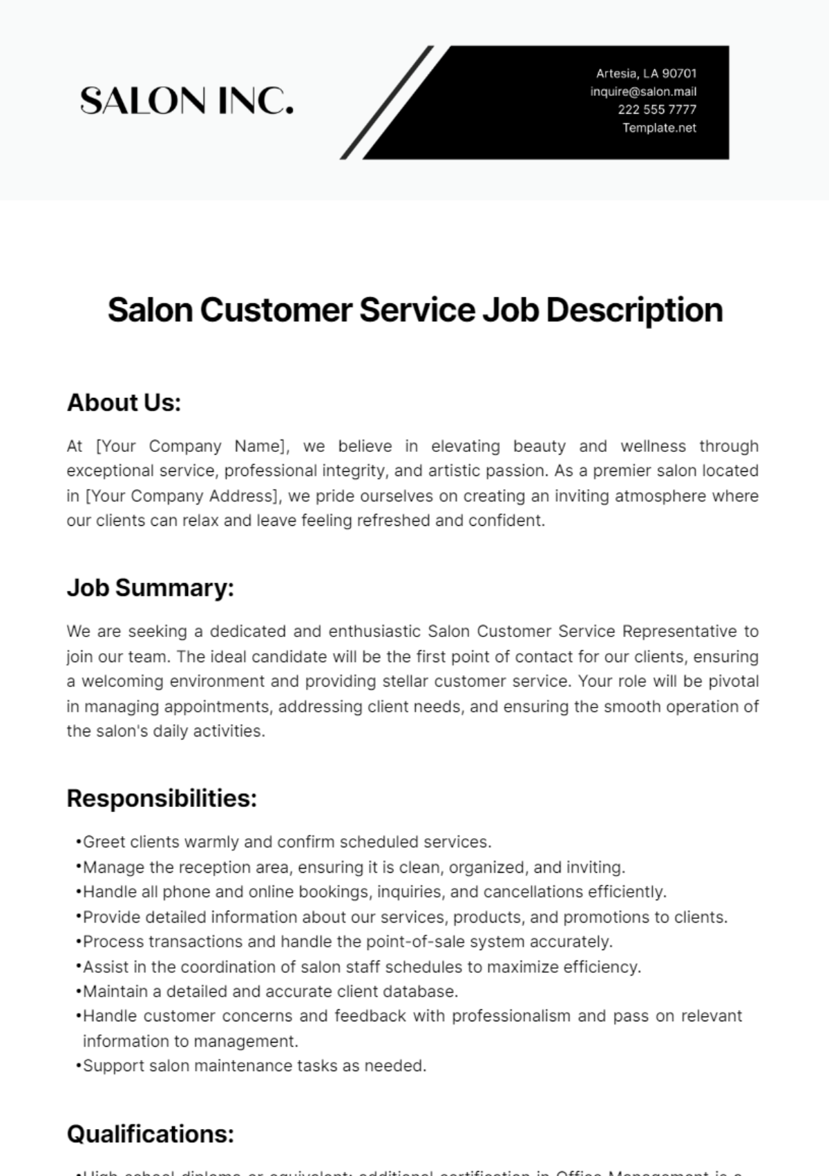 Salon Customer Service Job Description Template