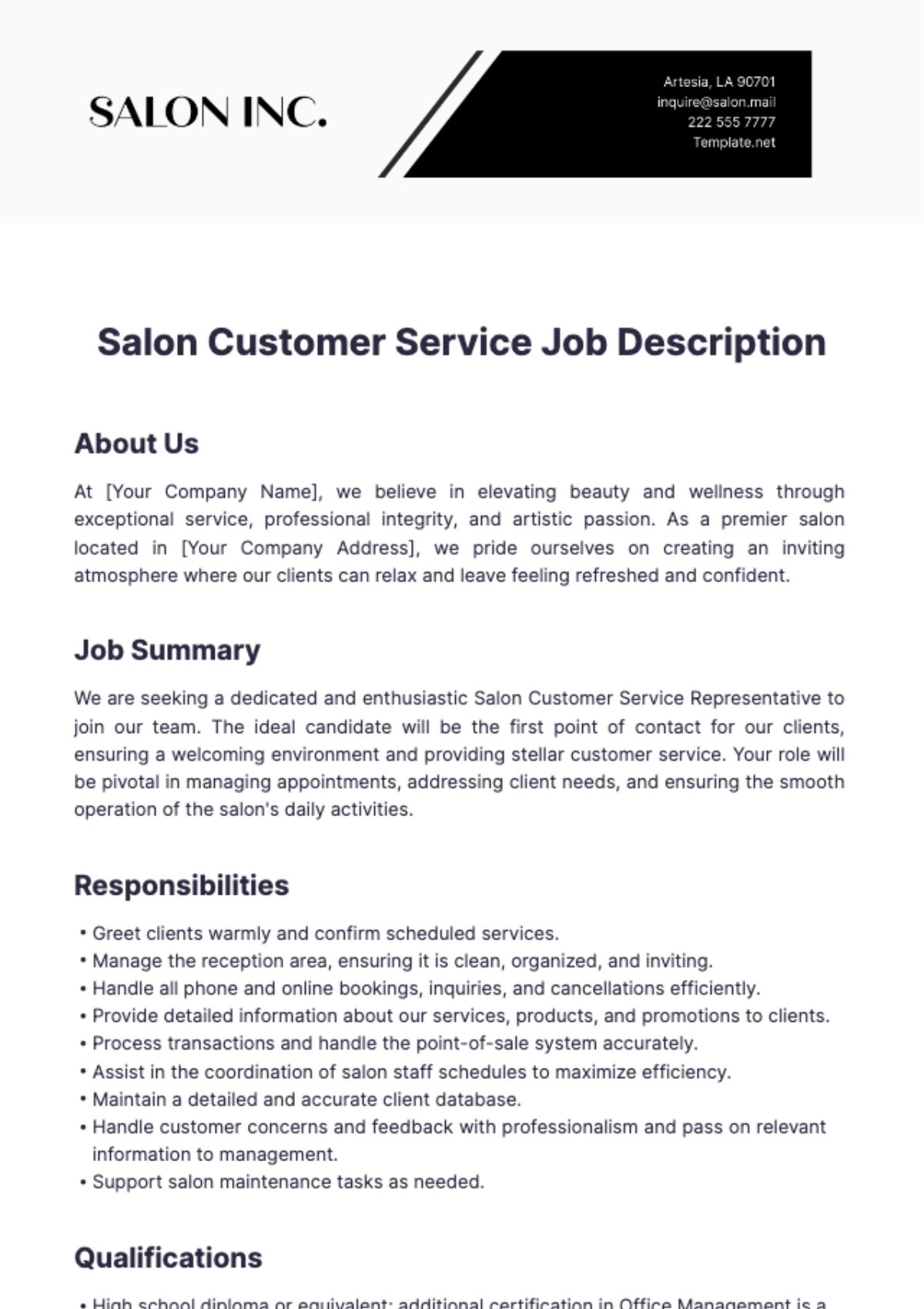 Salon Customer Service Job Description Template - Edit Online & Download