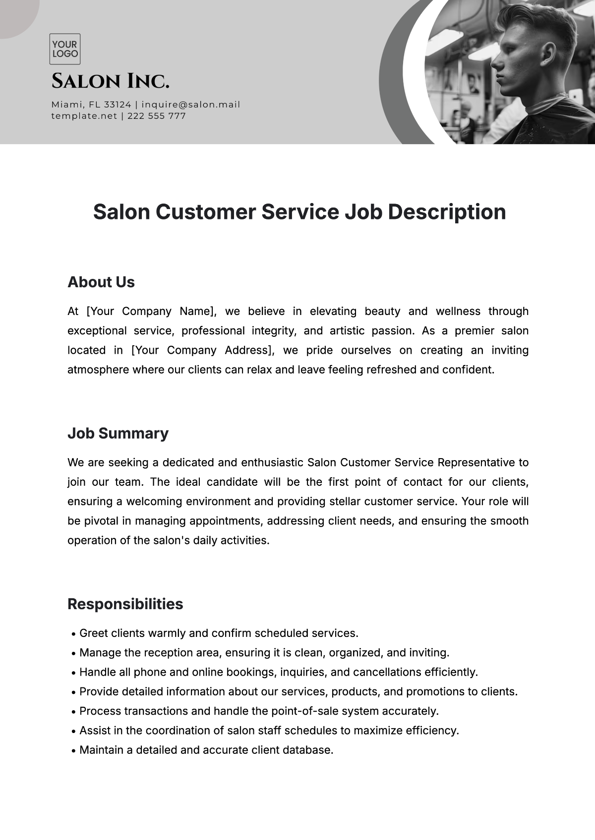 Free Salon Customer Service Job Description Template