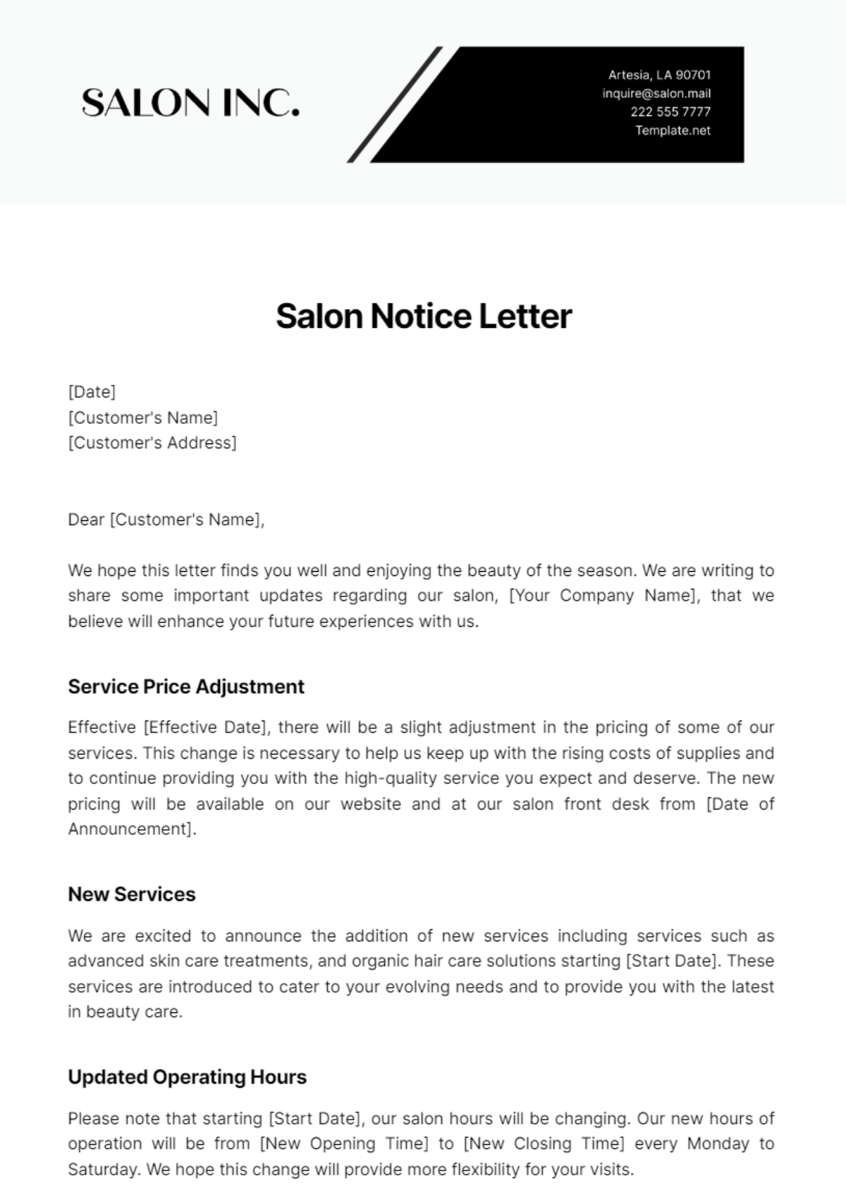 Salon Notice Letter Template