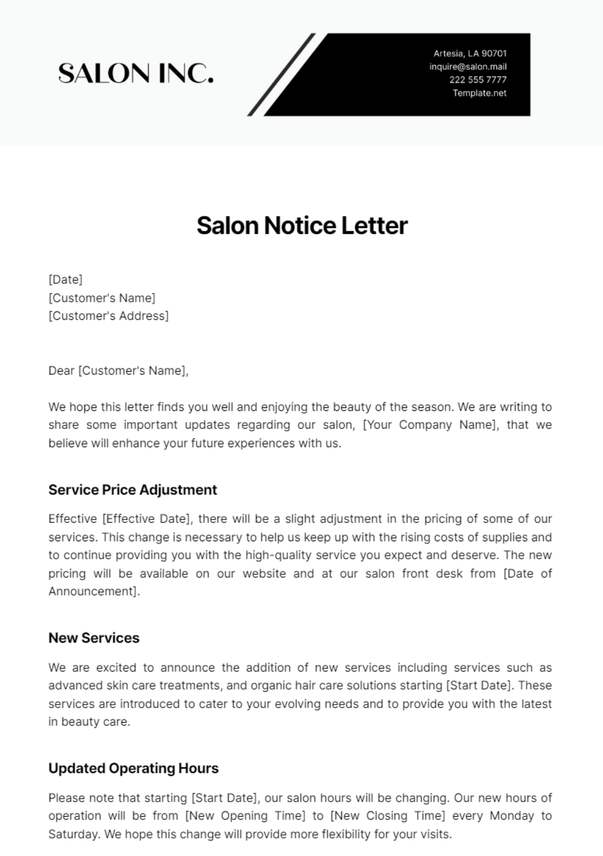 Salon Notice Letter Template - Edit Online & Download