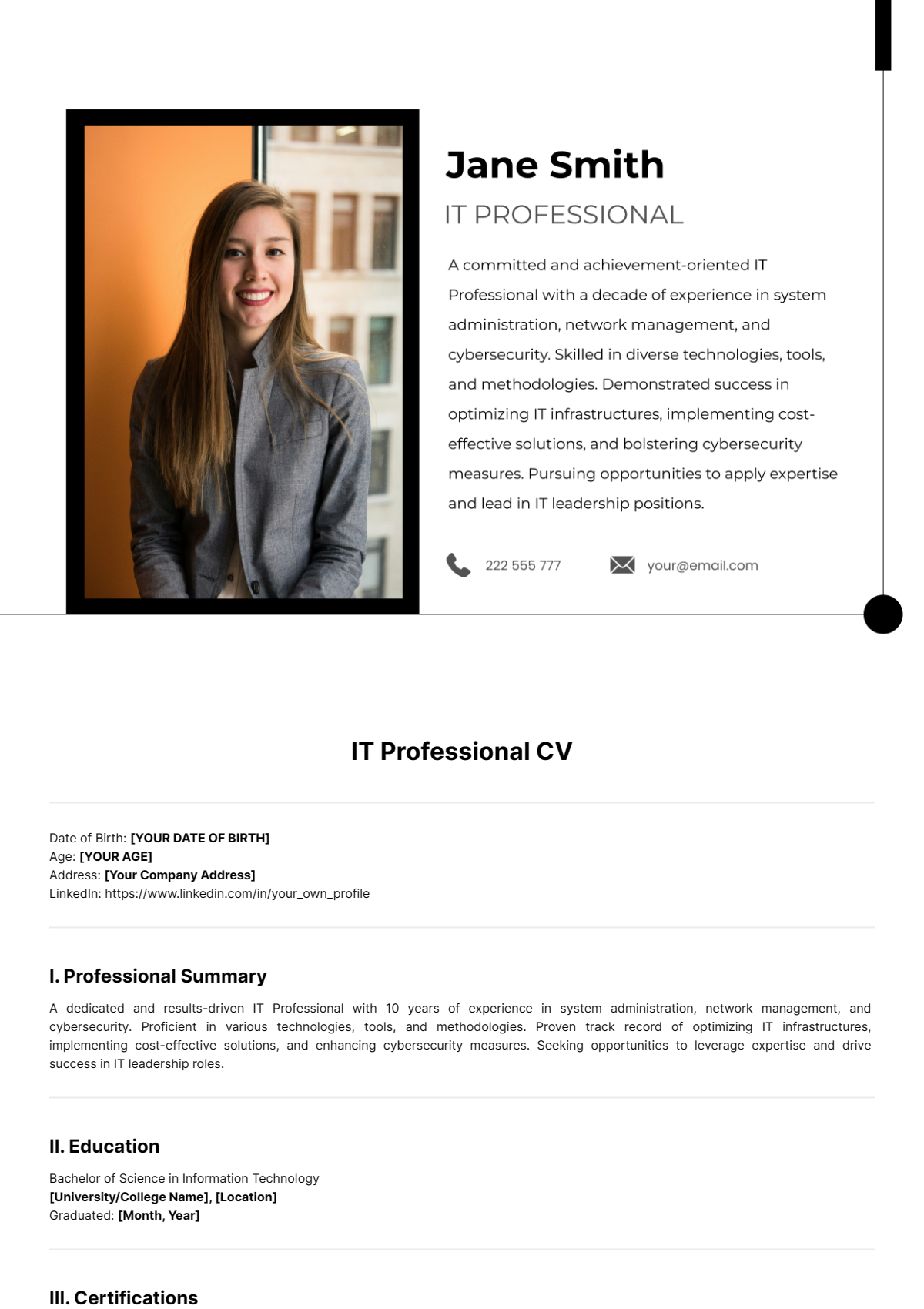 IT Professional CV Template - Edit Online & Download