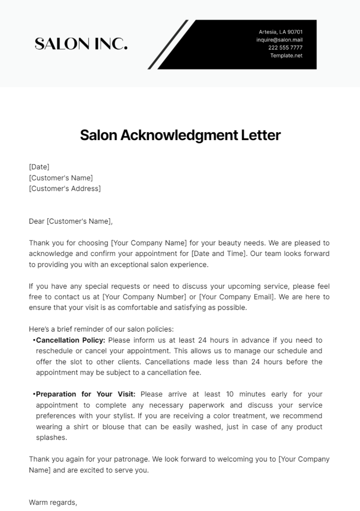 Salon Acknowledgment Letter Template