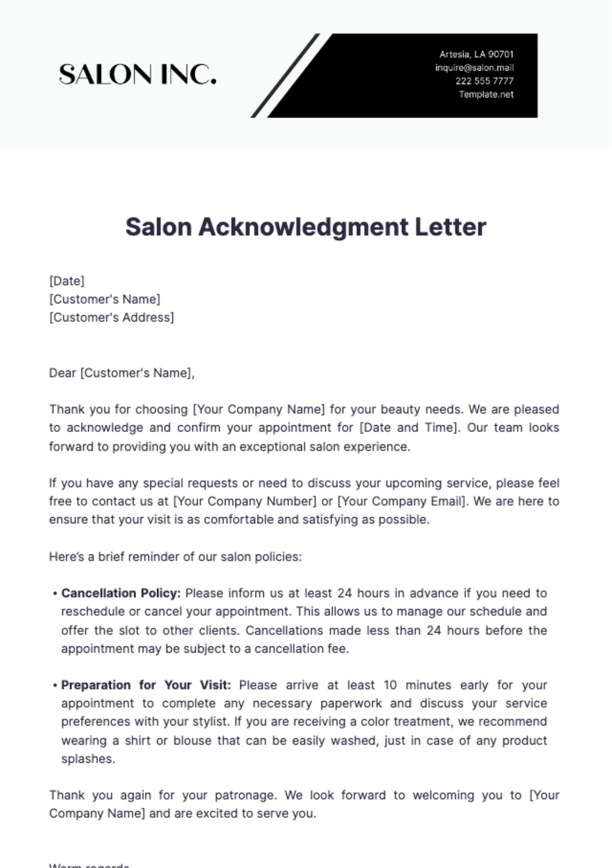 Salon Acknowledgment Letter Template - Edit Online & Download