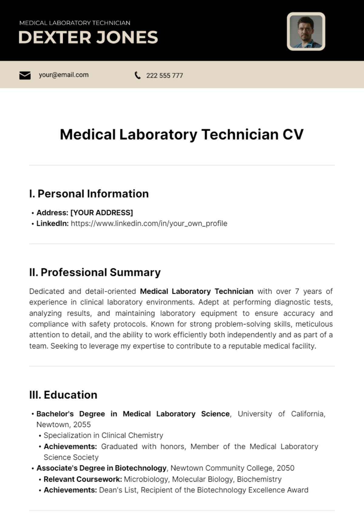 Medical Laboratory Technician CV Template - Edit Online & Download