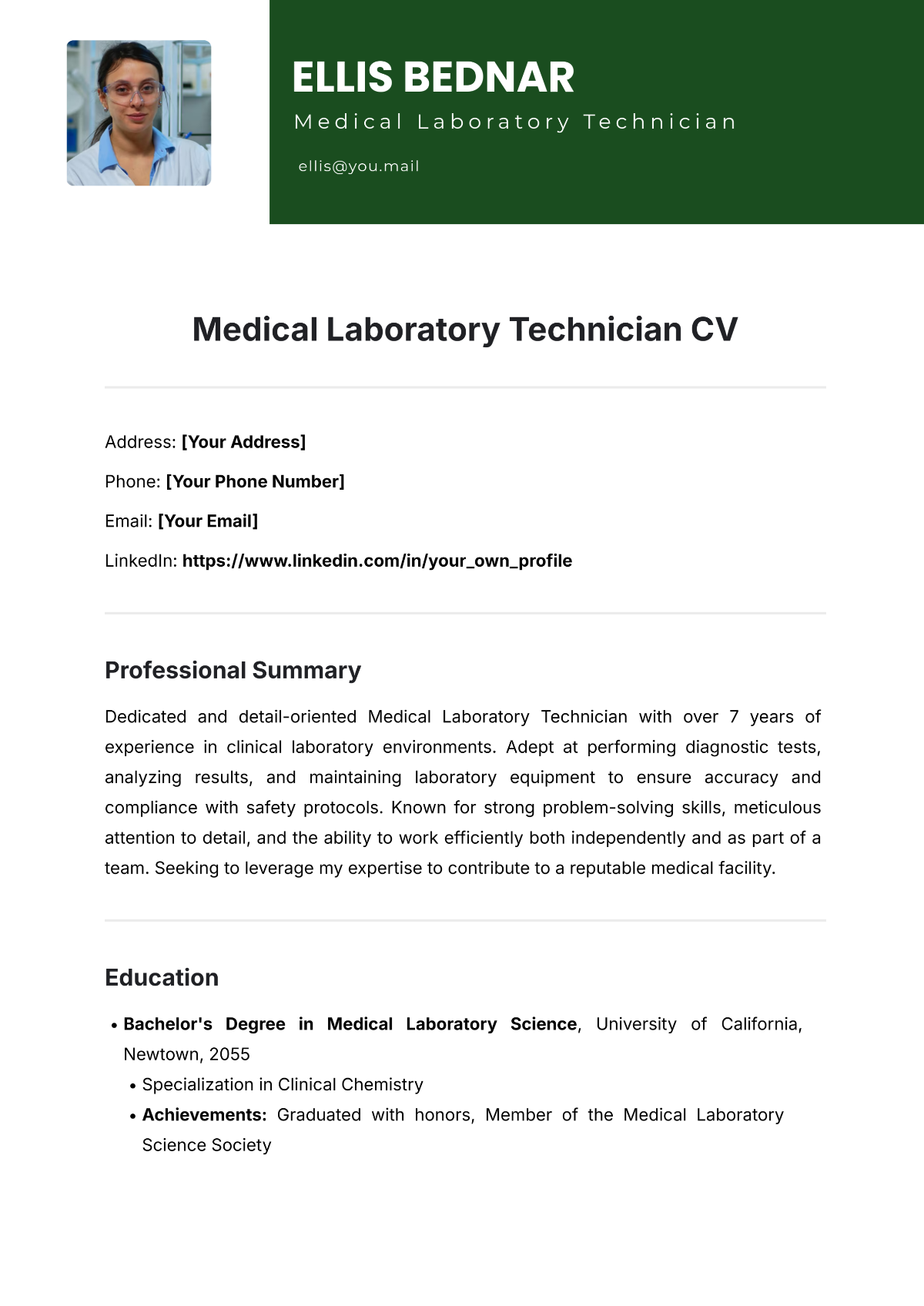 Free Medical Laboratory Technician CV Template