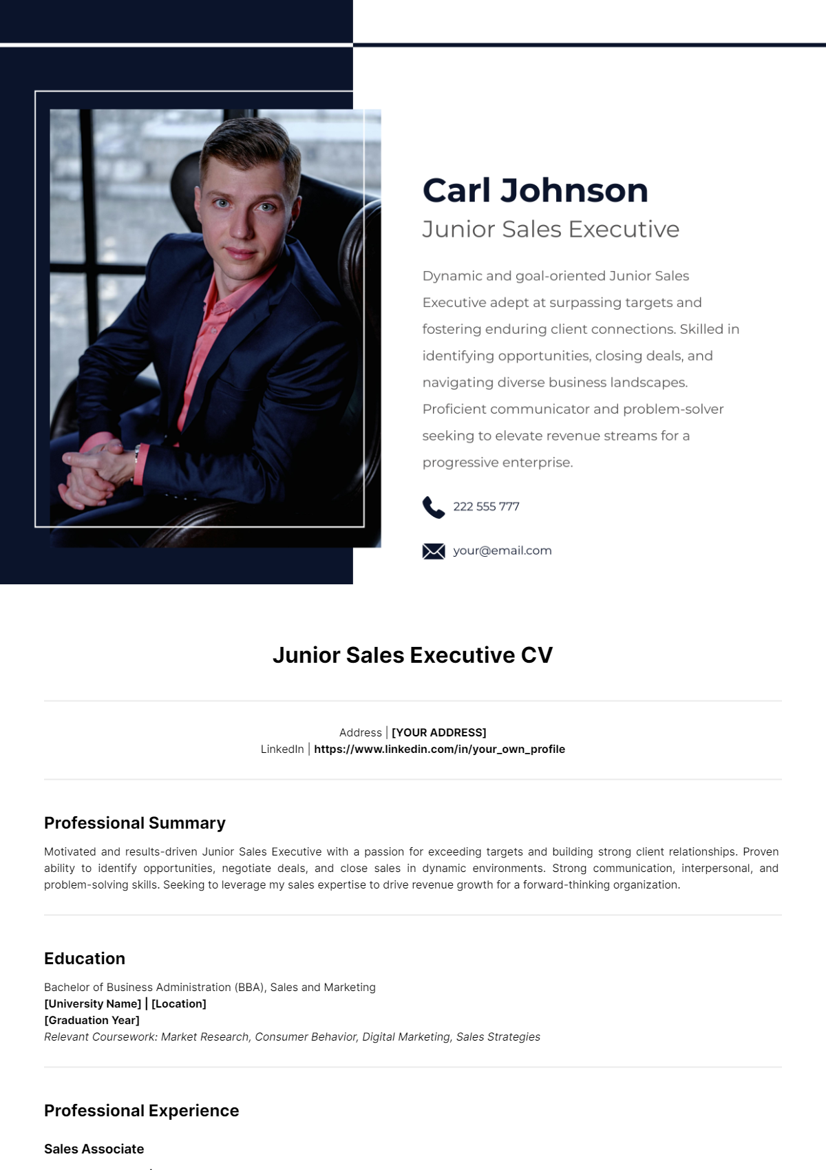 Free Junior Sales Executive CV Template to Edit Online