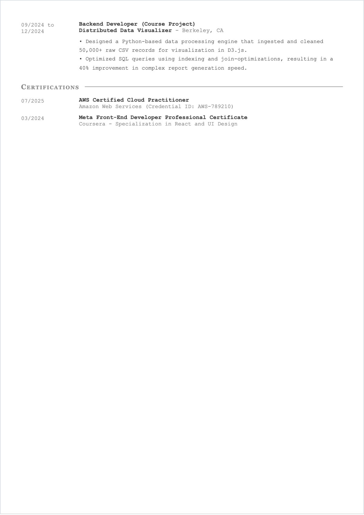 Free IT ATS CV for Freshers Template, AI CV Builder