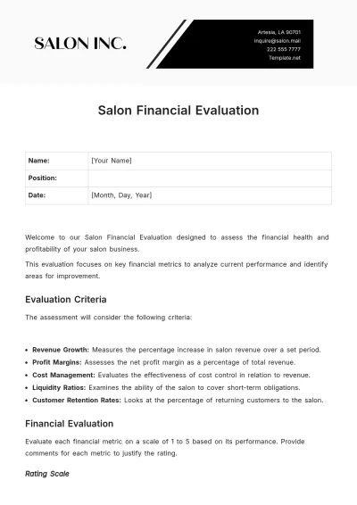 Free Salon Financial Evaluation Template to Edit Online