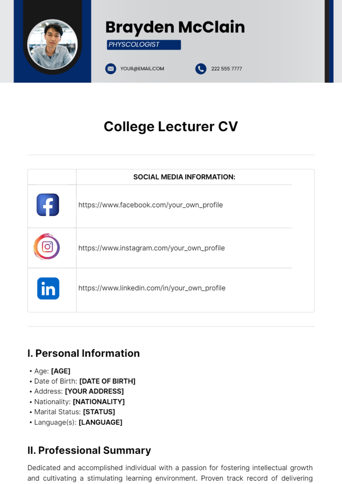 College Lecturer CV Template - Edit Online & Download