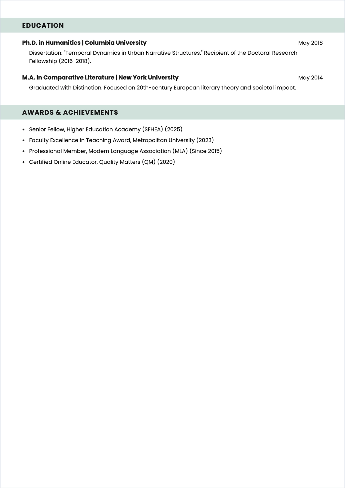 Free College Lecturer ATS CV Template, AI CV Builder