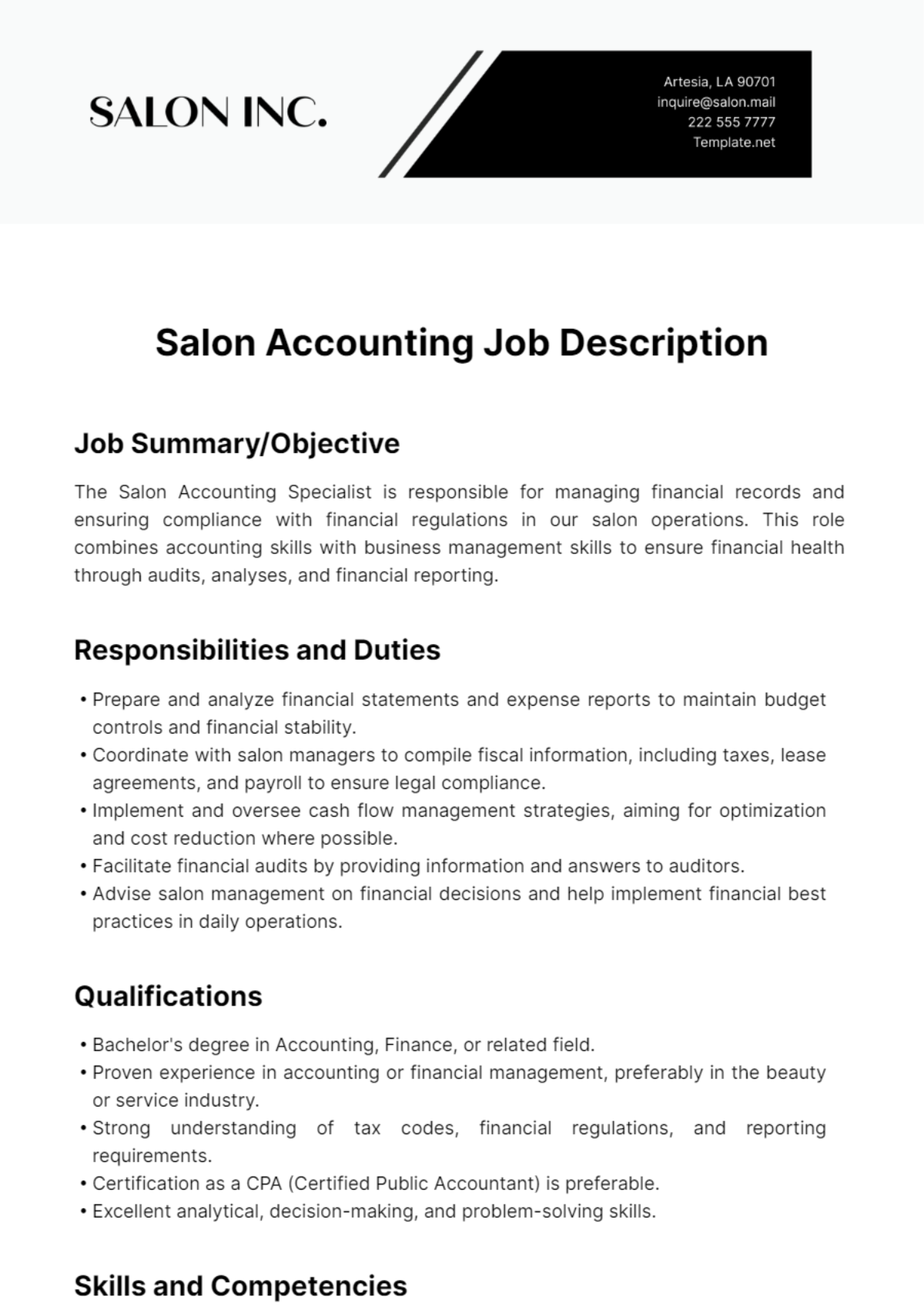 Salon Accounting Job Description Template