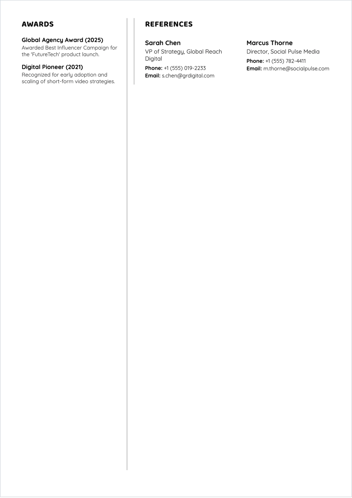 Free Influencer Executive ATS CV Template, AI CV Builder