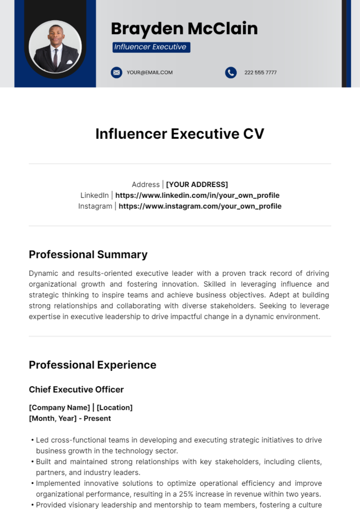 Influencer Executive CV Template - Edit Online & Download