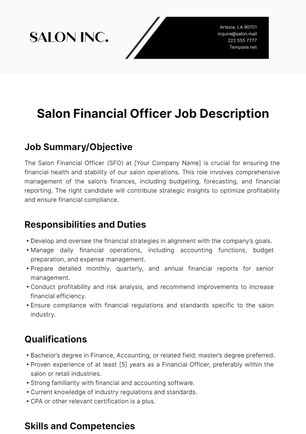 Salon Financial Officer Job Description Template
