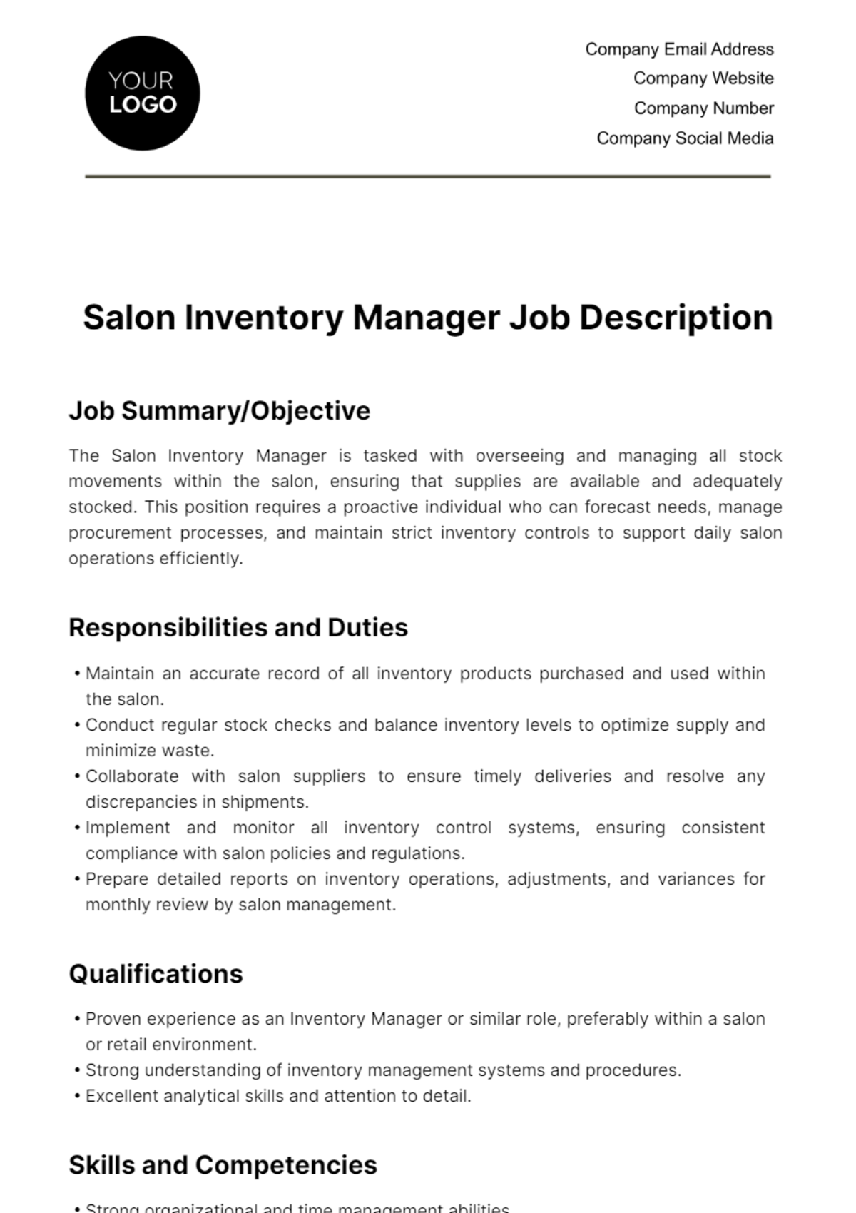 Salon Inventory Manager Job Description Template