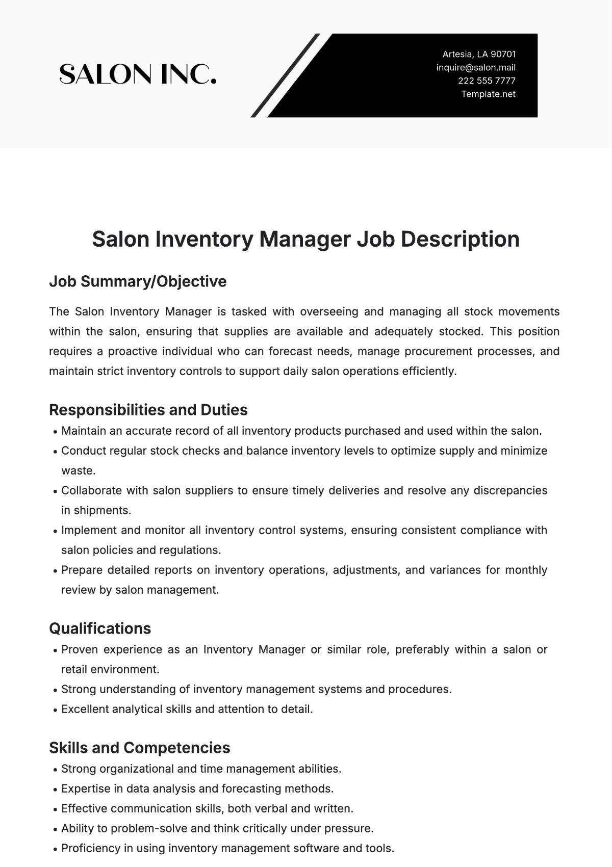 Free Salon Inventory Manager Job Description Template