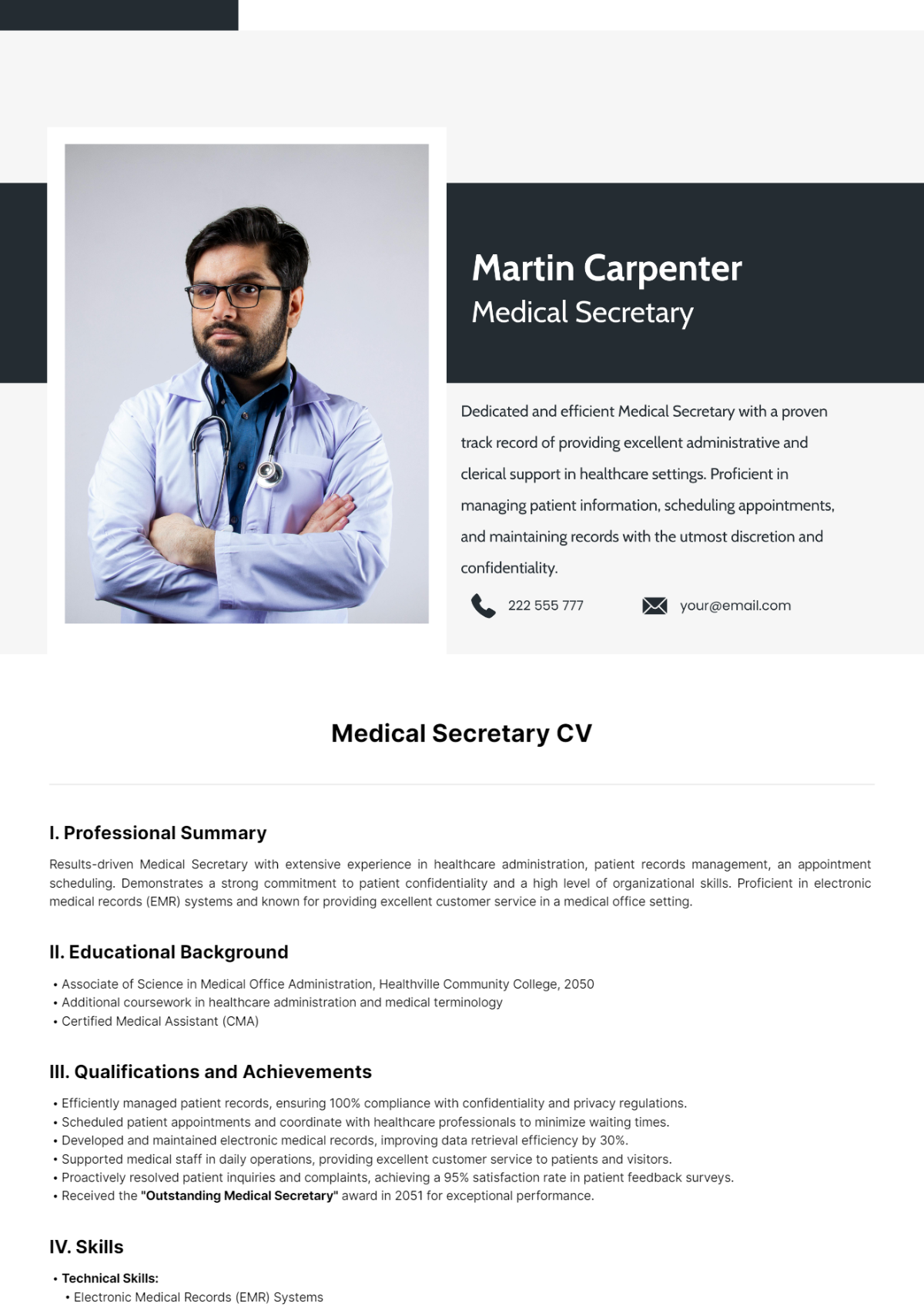 Medical Secretary CV Template - Edit Online & Download