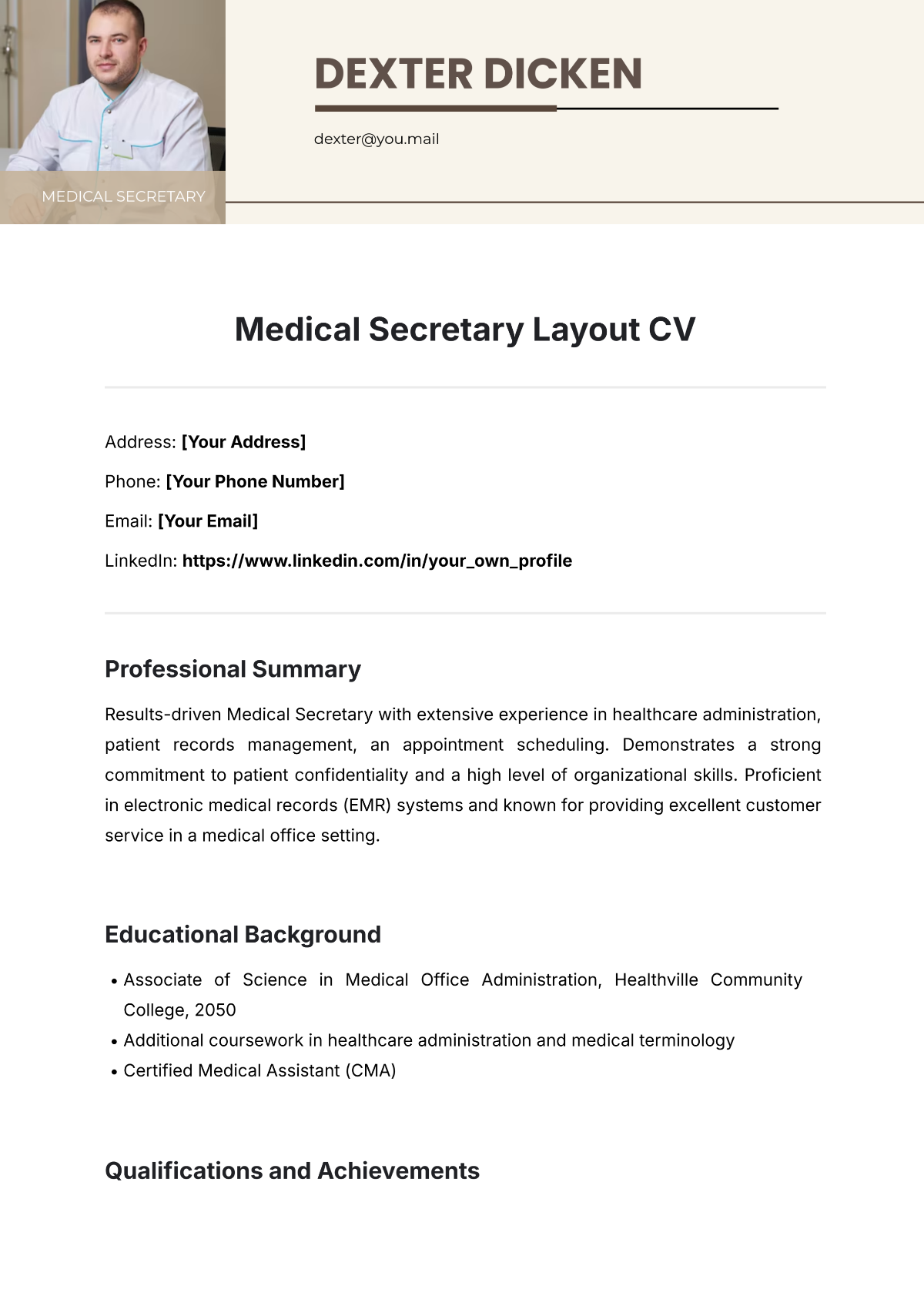 Free Medical Secretary Layout CV Template