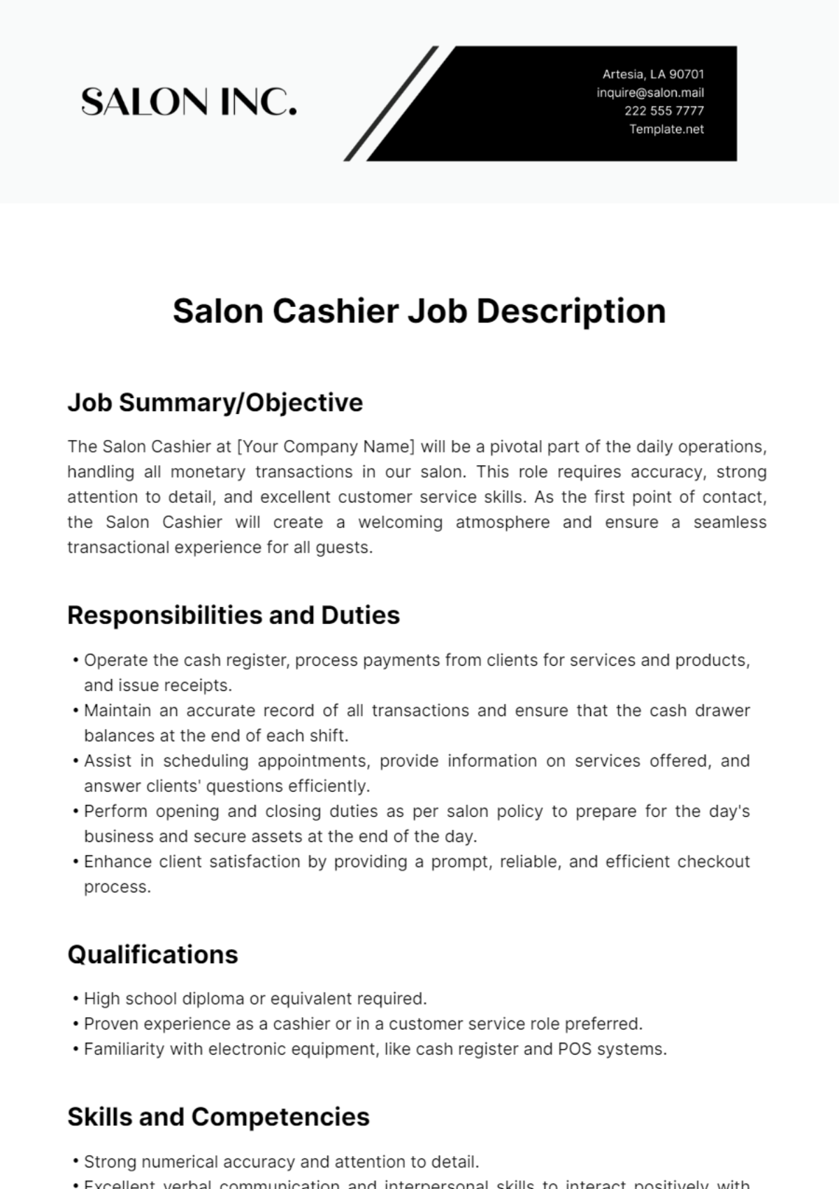 Free Salon Cashier Job Description Template