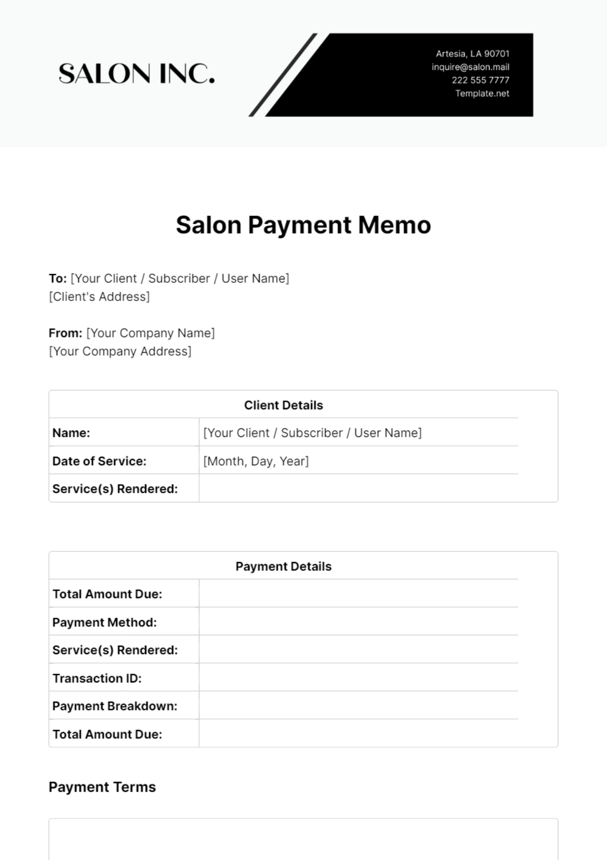 Salon Payment Memo Template