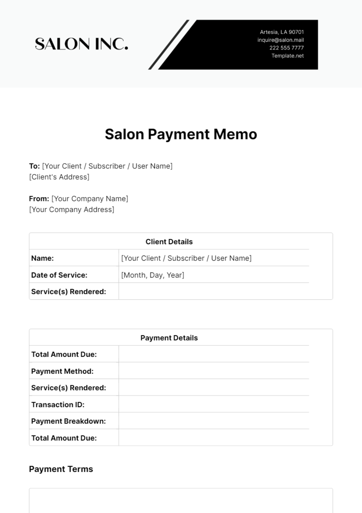 Free Salon Payment Memo Template - Edit Online & Download | Template.net