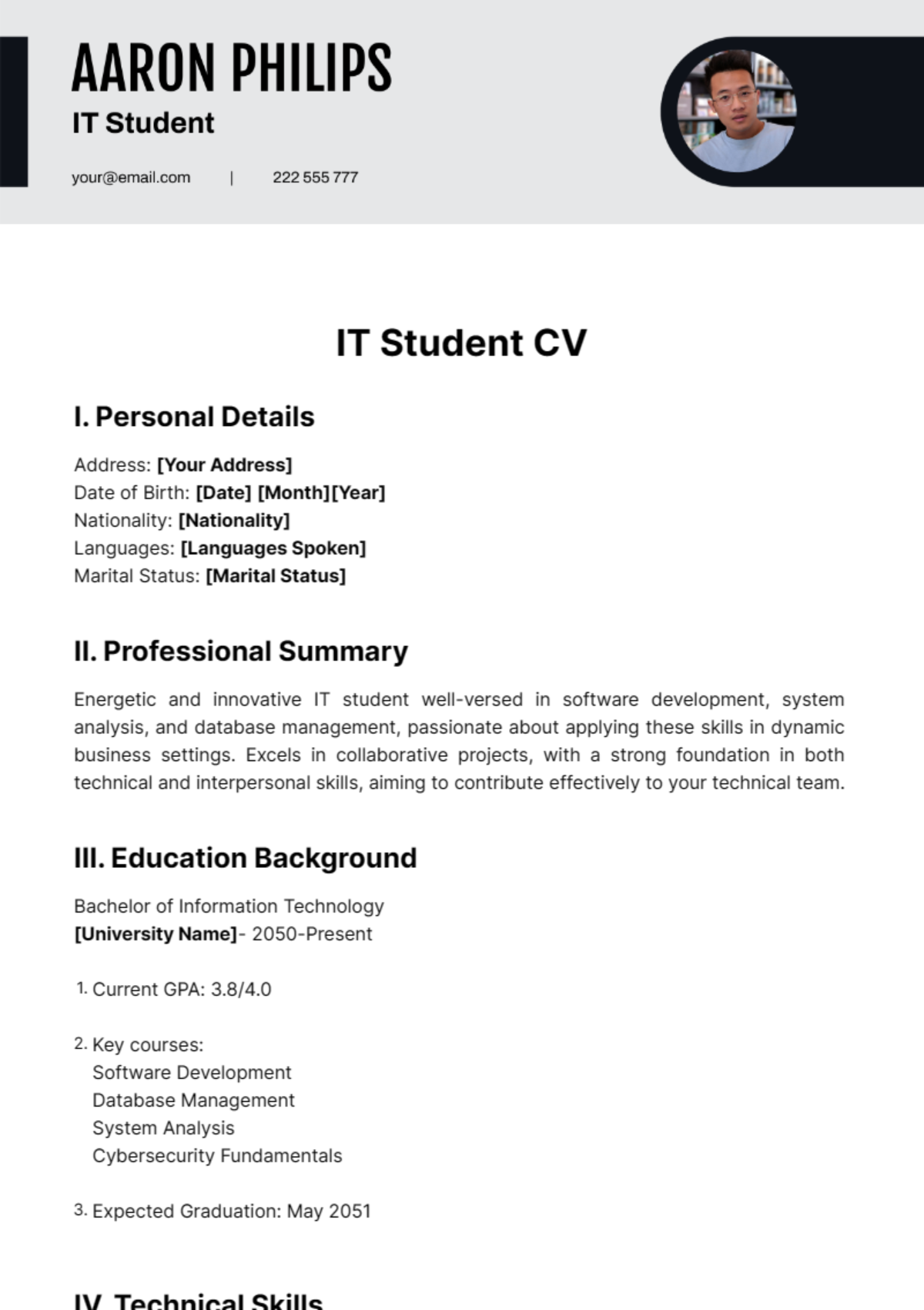 Free IT Student CV Template to Edit Online